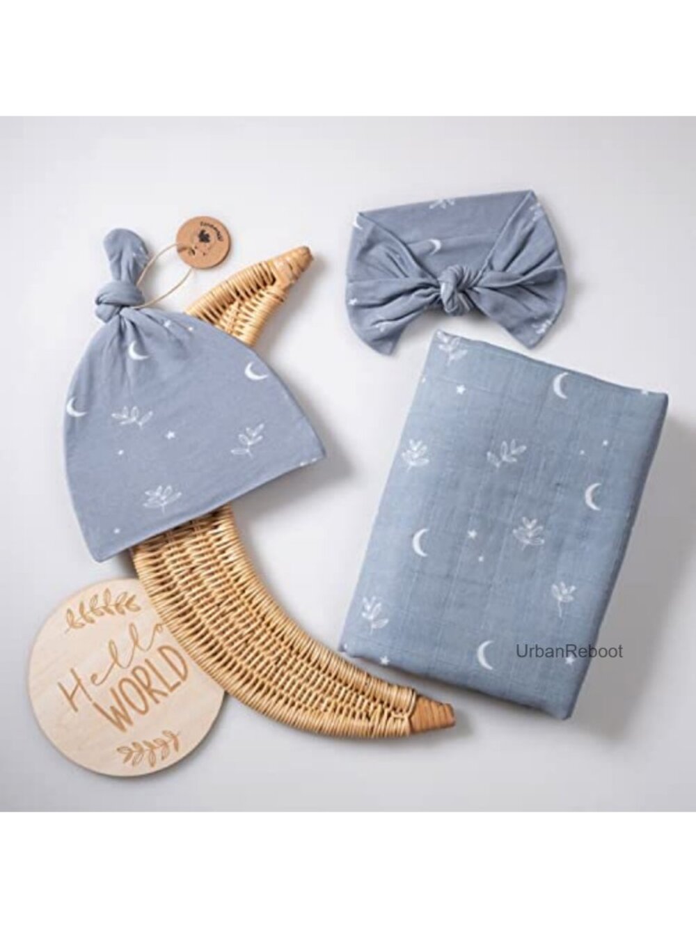 Organic Cotton Muslin Swaddle Blanket Set with Hat & Wooden Birth Card, Boho